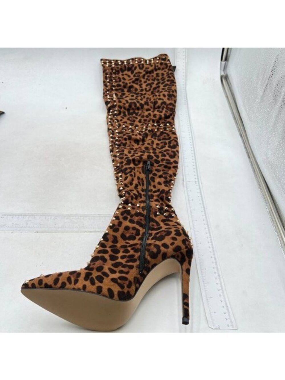 Women's Stiletto High Heel Above The Knee Boots Pointed Toe Leopard Suede Boots